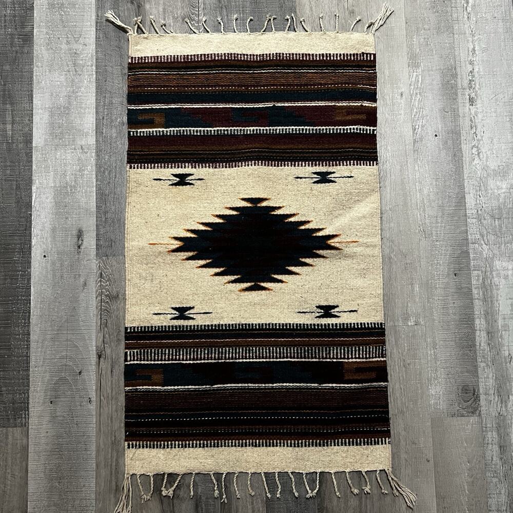 Southwestern Mexico Area Rug Tan Black Red Woven Wool Fringe Edge Wall Hanging